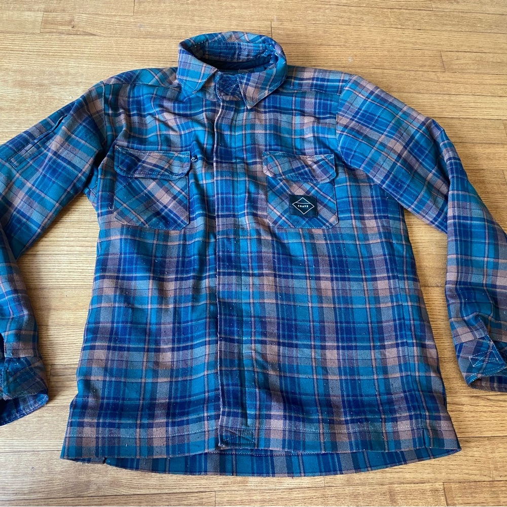 Crave Mens Small thick shacket flannel Velcro Plaid Shirt motorcycles reflector